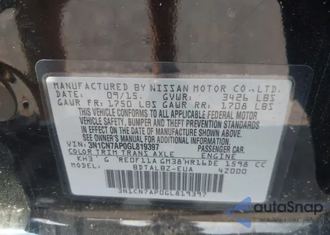 2016 Nissan Versa 1.6 S/1.6 S+/1.6 Sl/1.6 Sv z USA, uszkodzony, nr VIN 3N1CN7AP0GL819397